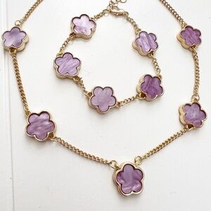 18K Gold Purple clover Necklace SET stainless steel Womens jewelry